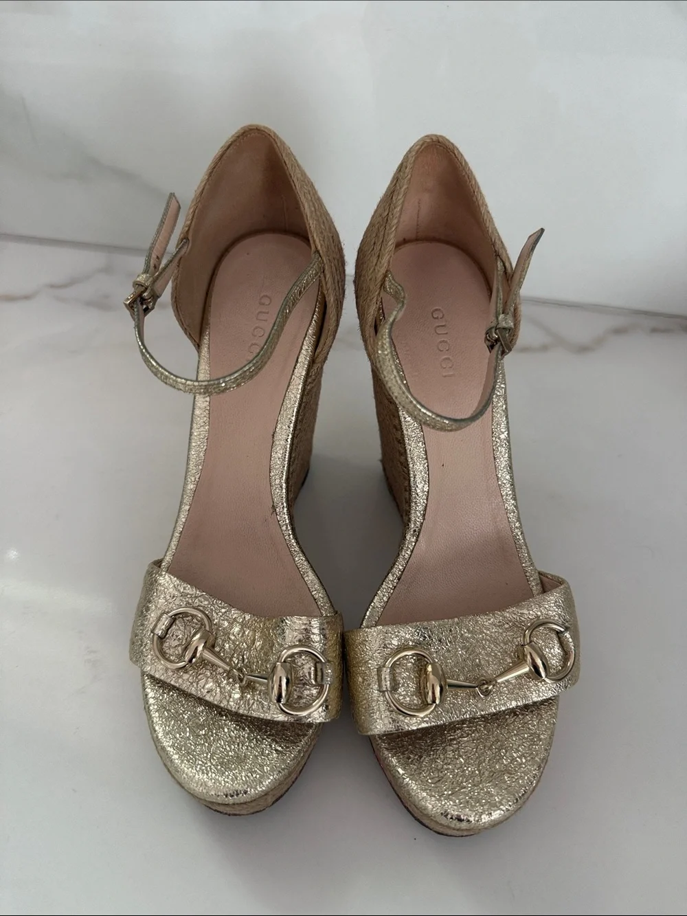 Gucci Gold Metallic Wedge horsebit Sandals- Sz 37/7